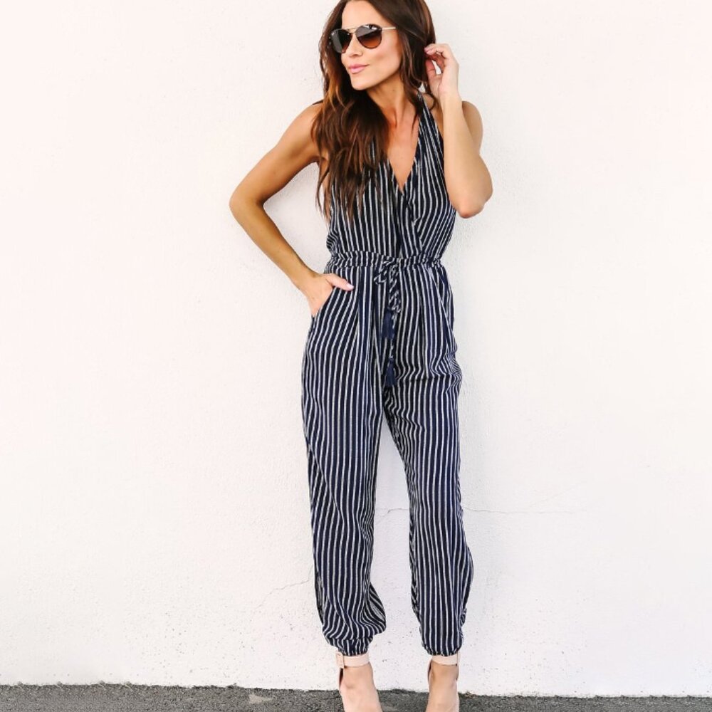 Vici Low Cut Striped Jumpsuit Size M